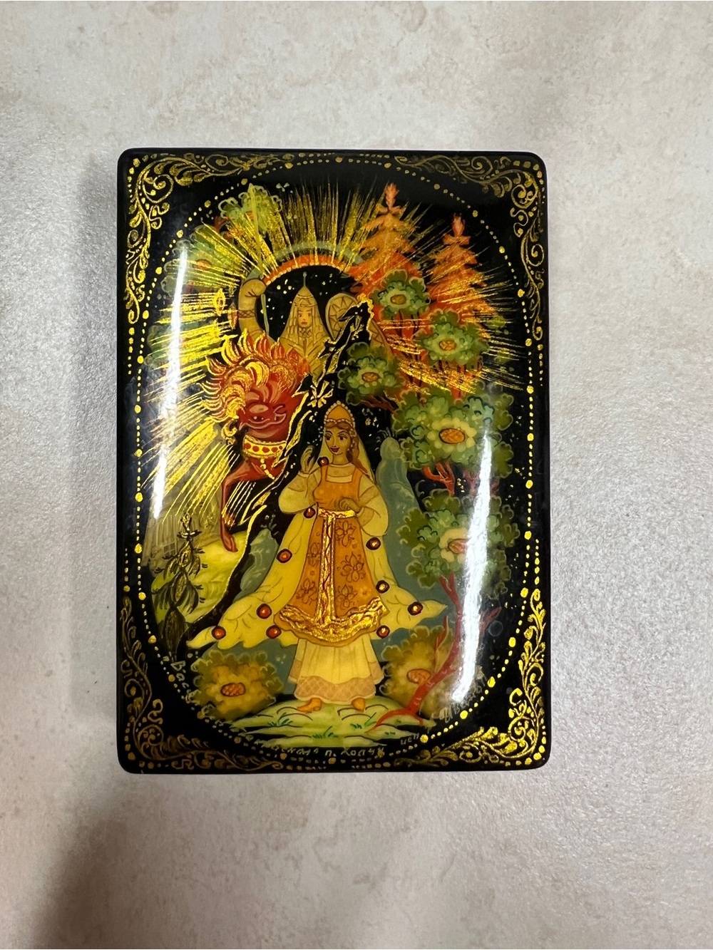 Hand-Painted Black and Gold Russian Lacquer Box - Decorative Home Art